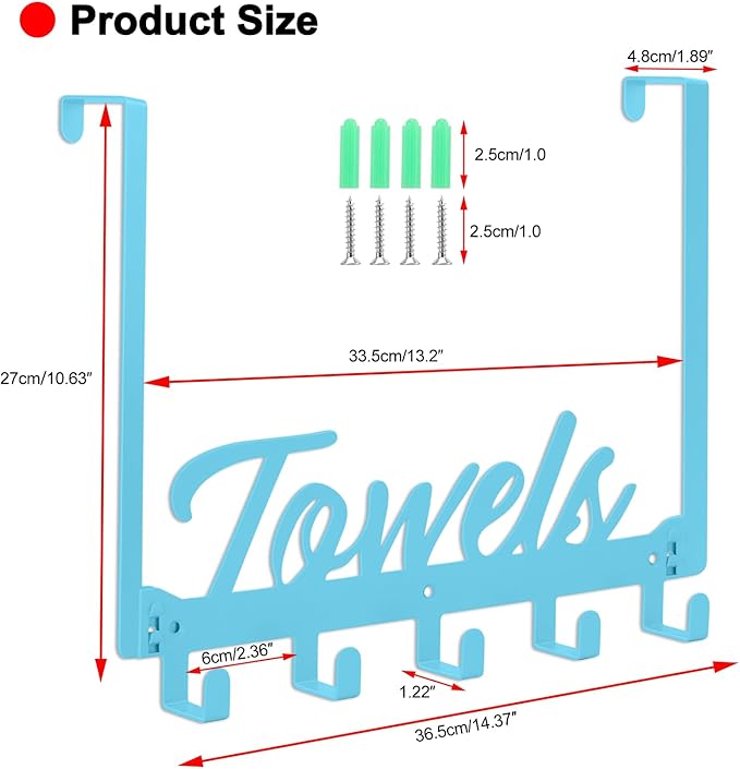 Over The Door Hooks, Towel Rack for Bathroom Over Door Towel Hanger, Heavy Duty with 5 Coat Hooks for Pool, Bedroom, Bathroom, Kitchen Towels, Bags (Blue)