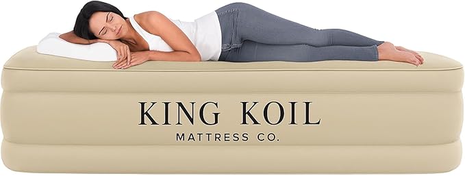 King Koil Luxury Air Mattress 20in Full Size Beige with Built-in Pump for Home, Camping & Guests-Inflatable Airbed Luxury Double High Adjustable Blow Up Mattress, Durable - Portable and Waterproof