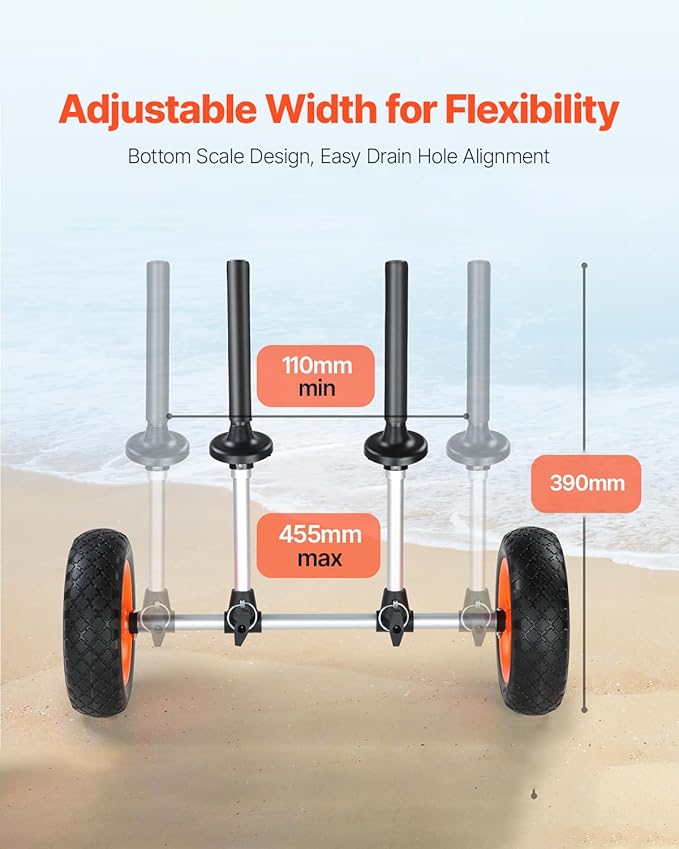 VEVOR Kayak Cart, 280lbs Load Capacity with 10 Inch Solid Tires, Heavy Duty Detachable Canoe Trolley Cart with Adjustable Width & Top Foam Protection, for Kayaks with Drain Holes of 2.54cm and Above
