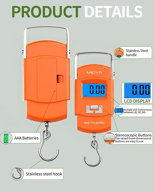 MEIYA Fish Scale 110lb/50kg Digital Fishing Scale with Backlit LCD, Portable Handle, Stainless Steel Hook & 2 AAA Batteries – Great Fishing Gifts for Men, Orange