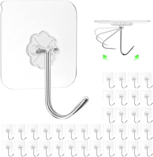 ZESLMG Adhesive Wall Hooks No Damage for Hanging, 36 Pack Large Self Sticky Hooks Heavy Duty 44lb Removable, Clear Hook for Shower Towel Coat Key Picture Wreath Outdoor Bathroom Kitchen, Waterproof
