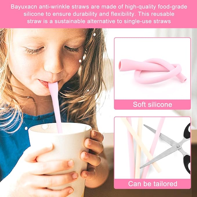 6 Pcs Anti Wrinkle Straw, Flat Wide Drinking Straw Compatible with Stanley 40 oz & 30 oz, Reusable Flexible Wrinkle Long Drinking Straws with Cleaner Brush, Perfect for Lip Filler