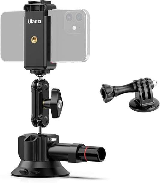 UURig SC-01 Suction Mount 3" for Vlogging Action Camera Car w Smartphone Clamp Compatible with DJI OSMO Pocket 3/Pocket 4/OSMO 360/Insta 360 x5/Xtra/iPhone 17 16 15 14,1/4" Magic Arm Windshield Window