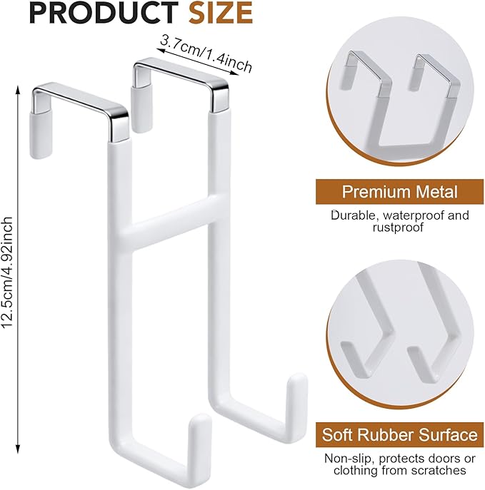Over Door Hook, 2 Pack Over Door Hanger with Dual Hook Heavy Duty Metal Hanger with Non Slip Rubber Over The Door Organizer Hanger for Hanging Clothes Towels Hats Bags（White）