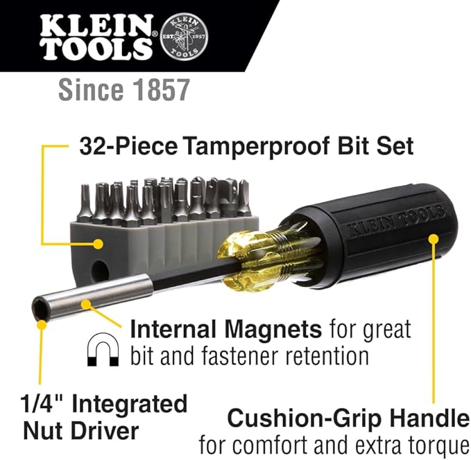Klein Tools 32510 Magnetic Multibit Screwdriver with Sturdy Torx, Hex, Spanner, Tri-Wing, Torq and Nut Tamperproof Bits and Storage Block