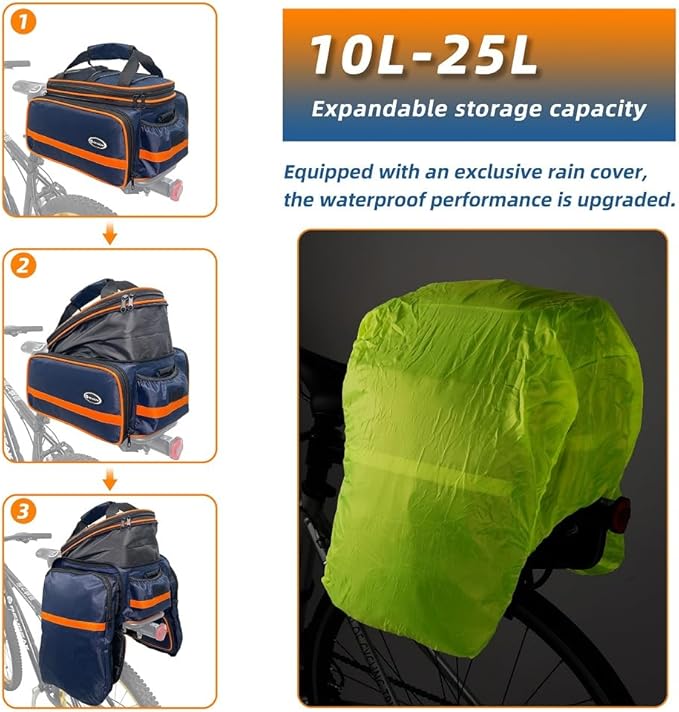 reygeak Bike Rack Bag, 25L Multi-functional Polyester Saddle Trunk Shoulder Panniers for Bicycle, Black Large Capacity Extensible Luggage for Adults, with Rainproof Cover (Blue Orange)