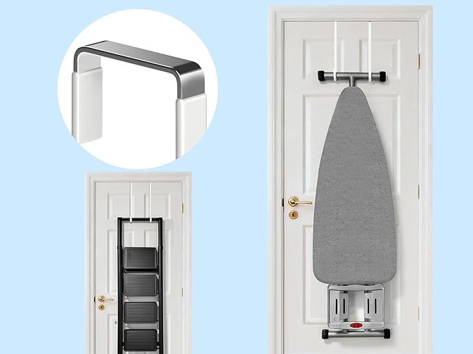 Over The Door Metal Hooks with Plastic Coating 12" Fit 0.5" to 1 3/8" Door 4 Pcs Heavy Duty Single Towel Robe Rack Wreath Bathroom Shower Hanger Shoe Organizer Ironing Board Long White