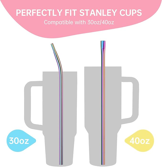 NiHome 6PCS 12" Anti-Wrinkle Flat Tip Reusable Stainless Steel Straws for Stanley 30oz 40oz Tumblers, Wrinkle Free Metal Straws Lip-Friendly for Iced Coffee, Water (Iridescent, 3 Straight + 3 Bent)