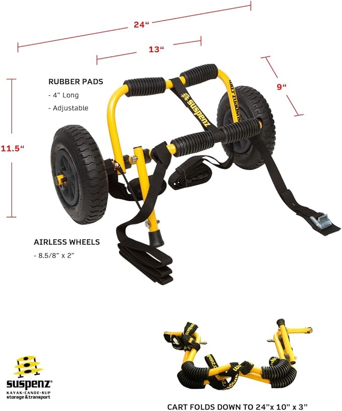 Suspenz Stowable Kayak Carrier Cart, SK Trailer Cart with Airless Wheels and Straps, Yellow, (22-1166)