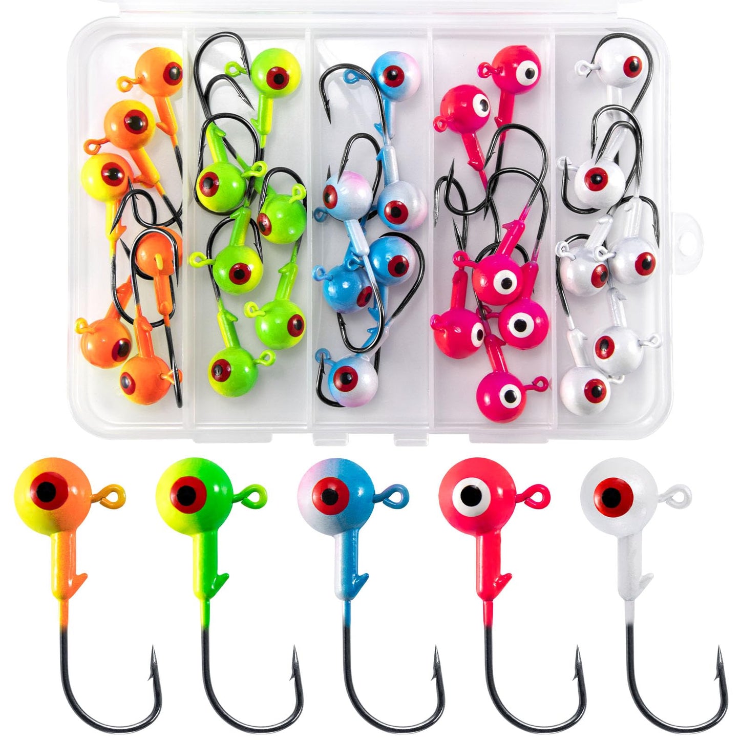 Alwonder 30-Pack Fishing Jig Heads Round Ball Crappie Jig Head with 3D Eyes Jigs Heads for Bass Fishing Trout Crappie Panfish Walleye 1/2oz Live Soft Bait Jigs Hooks Freshwater Saltwater