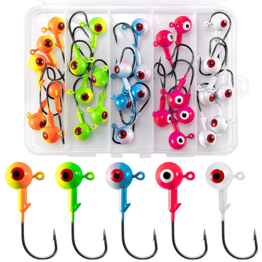 Alwonder 30-Pack Fishing Jig Heads Round Ball Crappie Jig Head with 3D Eyes Jigs Heads for Bass Fishing Trout Crappie Panfish Walleye 1/2oz Live Soft Bait Jigs Hooks Freshwater Saltwater