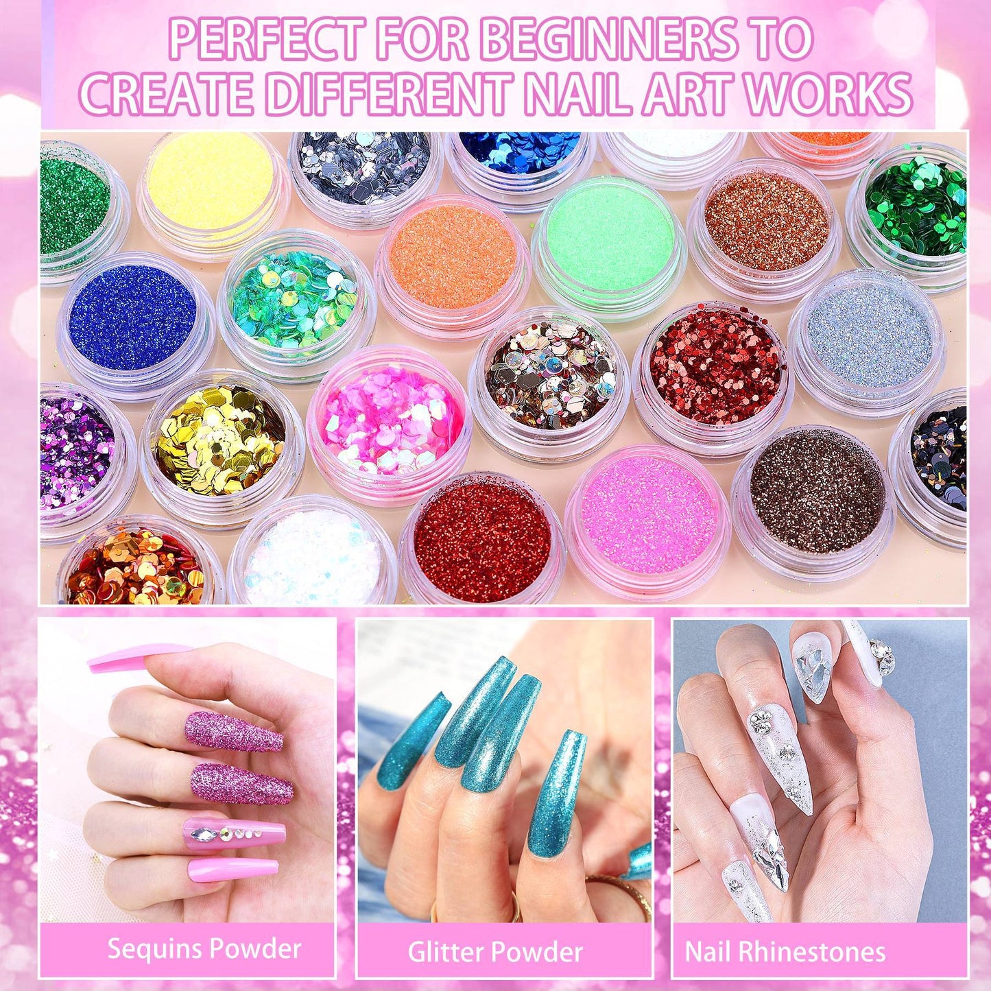 Acrylic Nail Kit With Drill And UV Light, 24 Glitter Colors Acrylic Powder