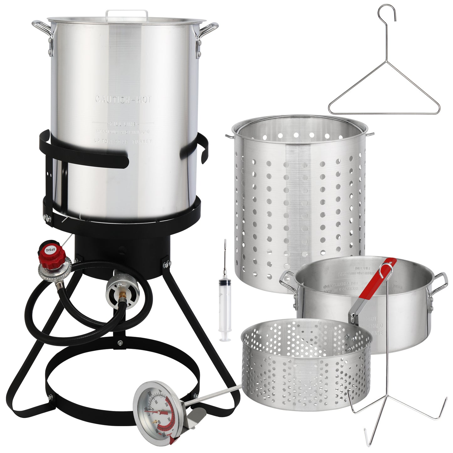 30QT Turkey Pot, 10QT Fish Pot, Four Piece Set, Black Circular Iron Frame, Silver Aluminum Pot, Gas Fryer