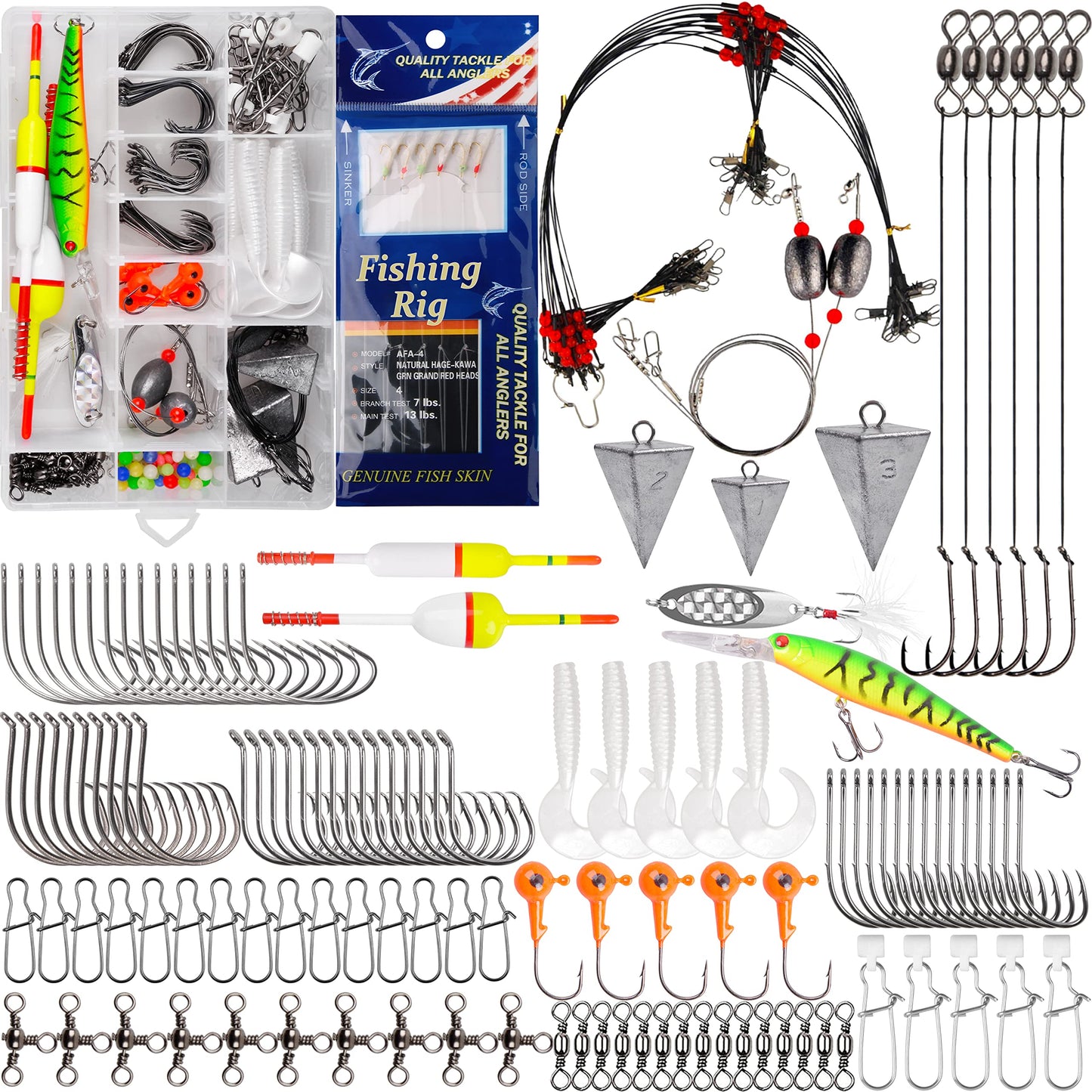 Saltwater Fishing Gear 180pcs Saltwater Surf Fishing Tackle Kit Fishing Bait Rigs Saltwater Fishing Lures Spoon Fishing Hooks Pyramid Sinker Leaders Swivel Slip Bobbers Various Fishing Accessories