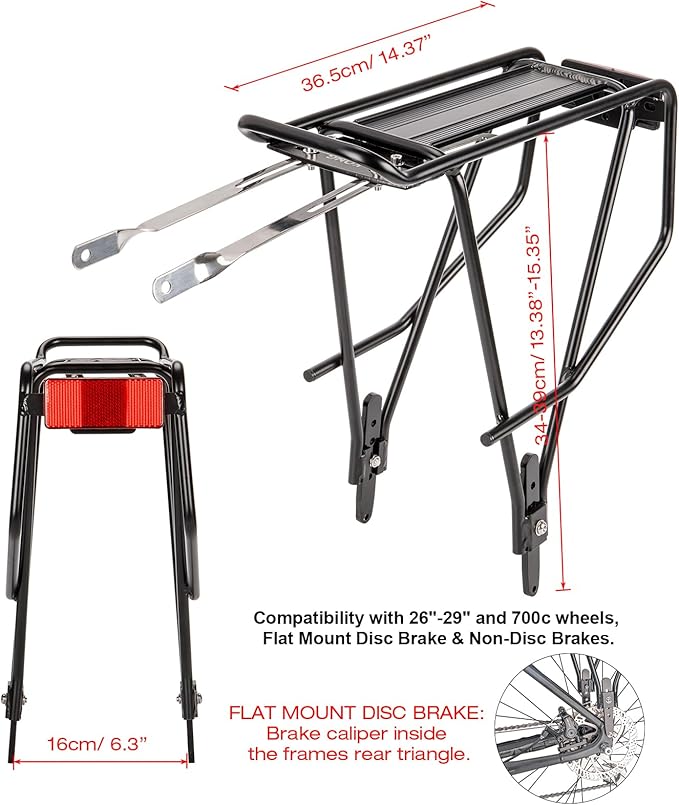 Rear Bike Rack - Bike Cargo Rack for Flat Mount Disc Brake/Non-Disc Brake Mount - Large Capacity Bicycle Pannier Rack (Narrower)