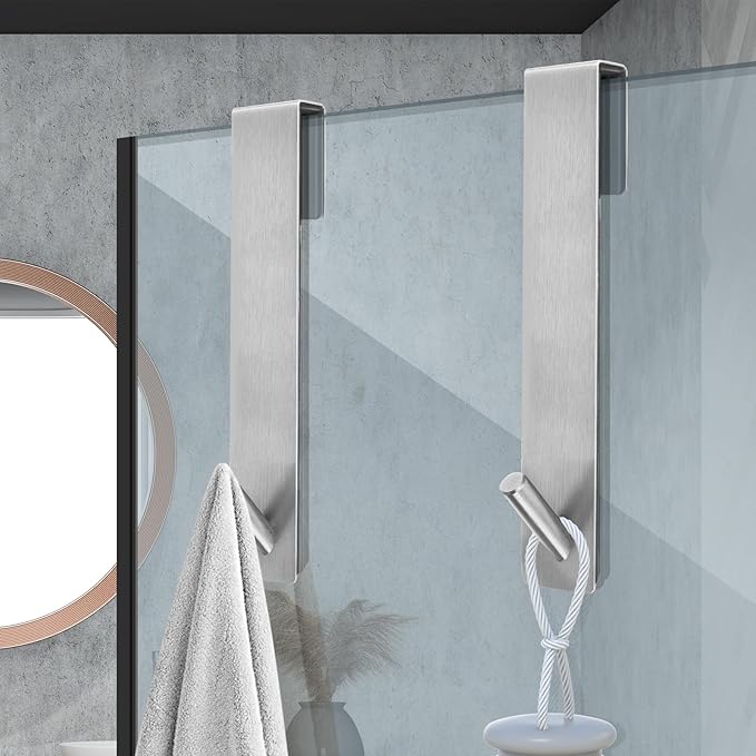 Shower Door Hooks(10 Inch),Extended Over Door Hooks for Bathroom Frameless Glass Shower Door,Stainless Steel Towel Hooks,Heavy Duty Rack Hooks for Robe,Towel-4 Pack-Silver