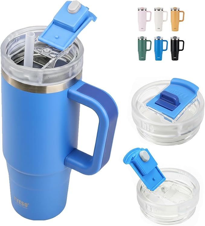 TYESO Vacuum Insulated Tumbler Water Bottle Cold Insulation Stainless Steel Bottle Straw Handle Mug Double Wall Wide Mouth (KLEIN BLUE, 30 oz)