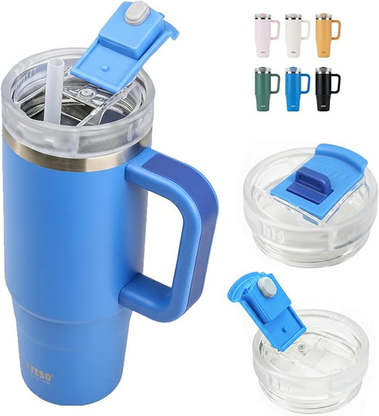 TYESO Vacuum Insulated Tumbler Water Bottle Cold Insulation Stainless Steel Bottle Straw Handle Mug Double Wall Wide Mouth (KLEIN BLUE, 30 oz)