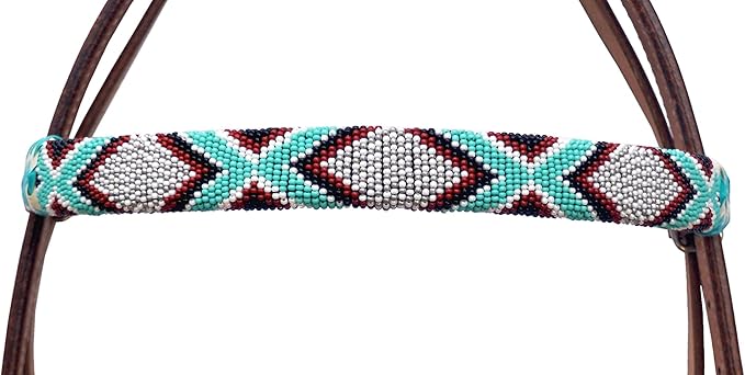 Western Horse Headstall Standard Size – Adjustable Hand Braided Genuine Leather Bridle with Rawhide Knotting, Stitched Accents & Multicolor Beads, Western Riding Tack, Brown