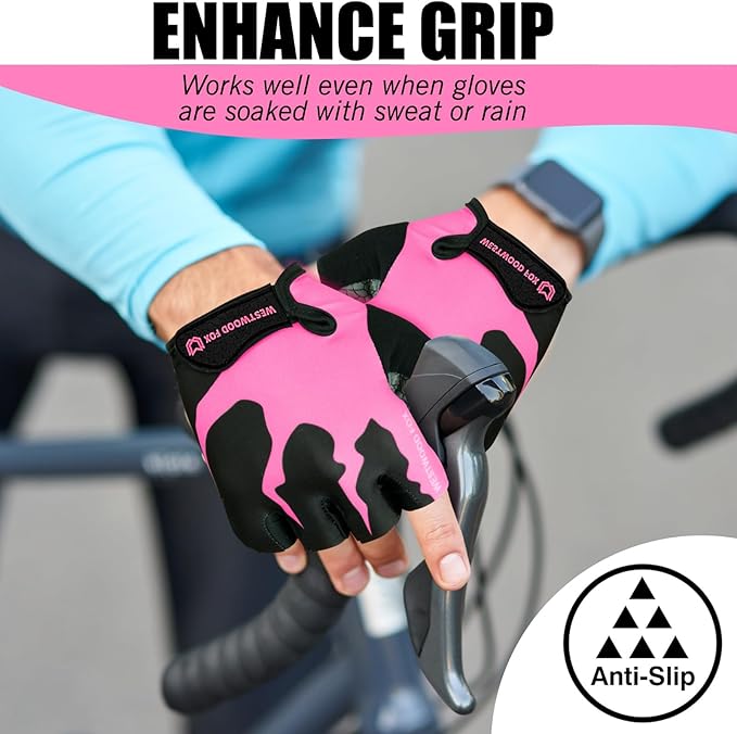 WESTWOOD FOX Cycling Gloves Half Finger Unisex Padded Grips Palm Bicycle Summer MTB Bike Gloves for Men Women Non-Slip Fingerless Short Mountain Bike Sports Hiking Climbing Gym