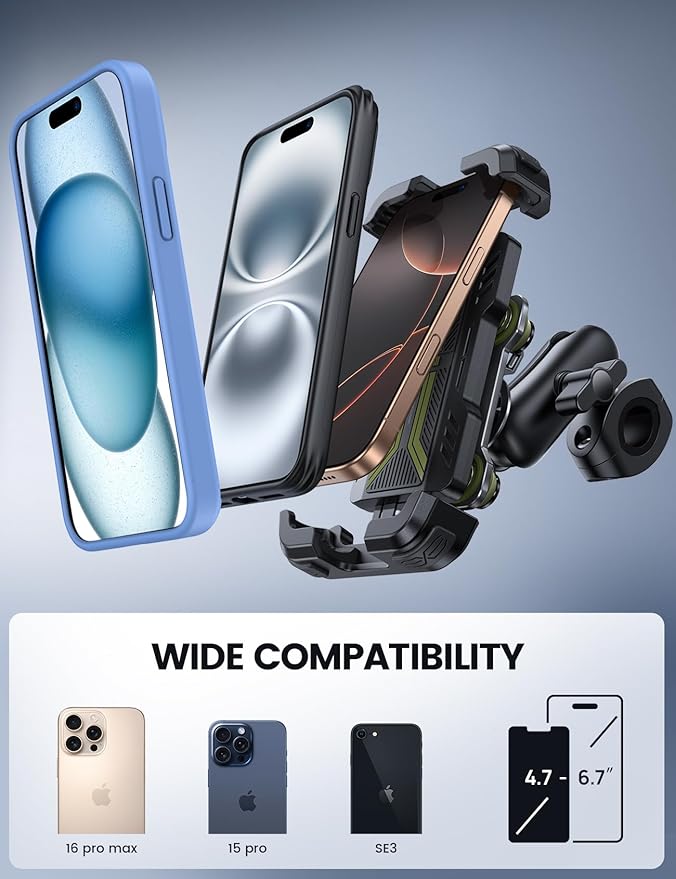 Lamicall Motorcycle Phone Mount Holder - [Dual Vibration Dampener] [Metal Adjustment Arm] Motorcycle Cell Phone Holder, Bike Handlebar Phone Mount, for iPhone 16 15 14 Pro Max, 4.7-6.7" Phones, Green