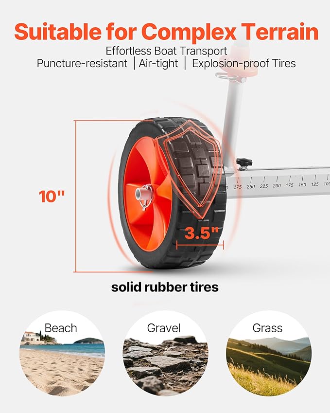VEVOR Kayak Cart, 230/250lbs Canoe Cart Dolly with 7.5in/10in Solid Rubber Tires & Kickstand, Adjustable Width, Detachable Portable Watercraft Cart for Kayaks, Canoes, Paddle Boards