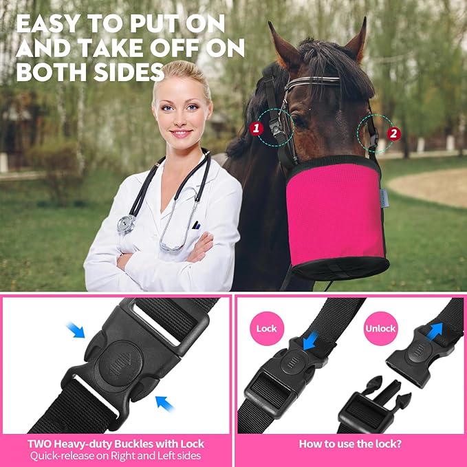 Horse Feed Bag 2 PCs, Breathable Mesh Feed Bags for Horses, Muzzle Feedbag for Feeding Grain, Anti-Spill Design Feeder, Soft Neck Pad Nose Pad, Universal Fit (2-Magenta)