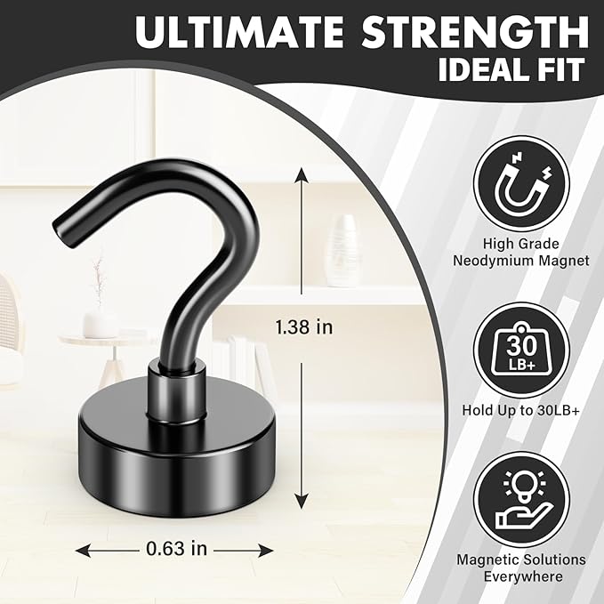 38Pack Heavy Duty Magnetic Hooks, 30LBS Powerful Black Metal Neodymium Magnets Hooks for Hanging, Magnets with Hooks Perfect for Home, Kitchen, Bathroom, Office, Cruise Must Haves