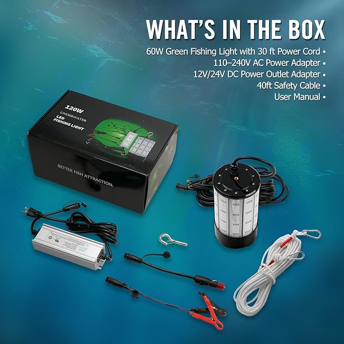 NS 120W 15,000ルーメン グリーン水中集魚灯、110V AC & 12V DCデュアル電源、LED水中ナイトドック＆ボートライト、クラッピー、池、カヤック用防水海水魚誘引キット