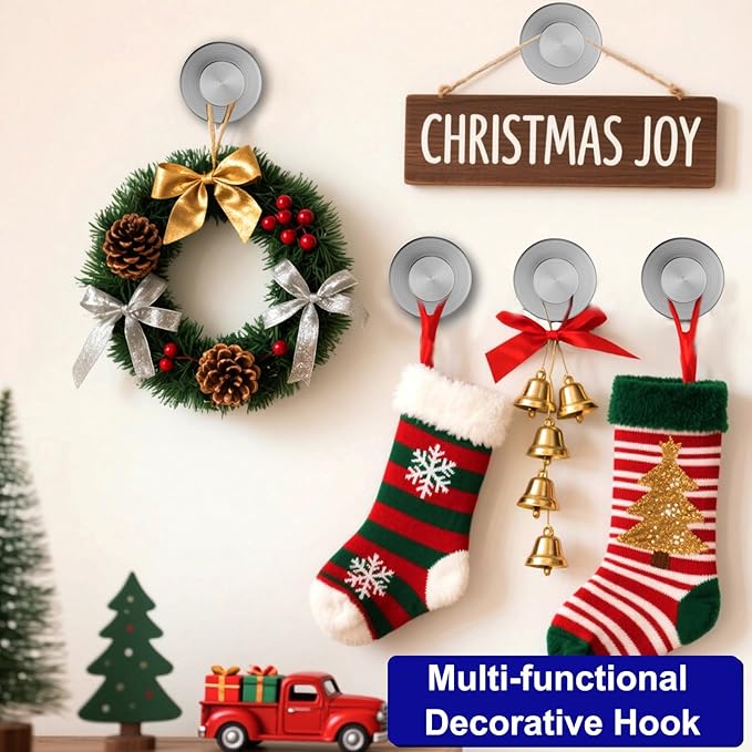 Suction Cup Hooks for Door Wreaths, Vacuum Suction Wreath Hanger for Front Door Window Glass, Bath Robe Looafh Shower Hooks for Inside Shower - 2 Pack, Silver