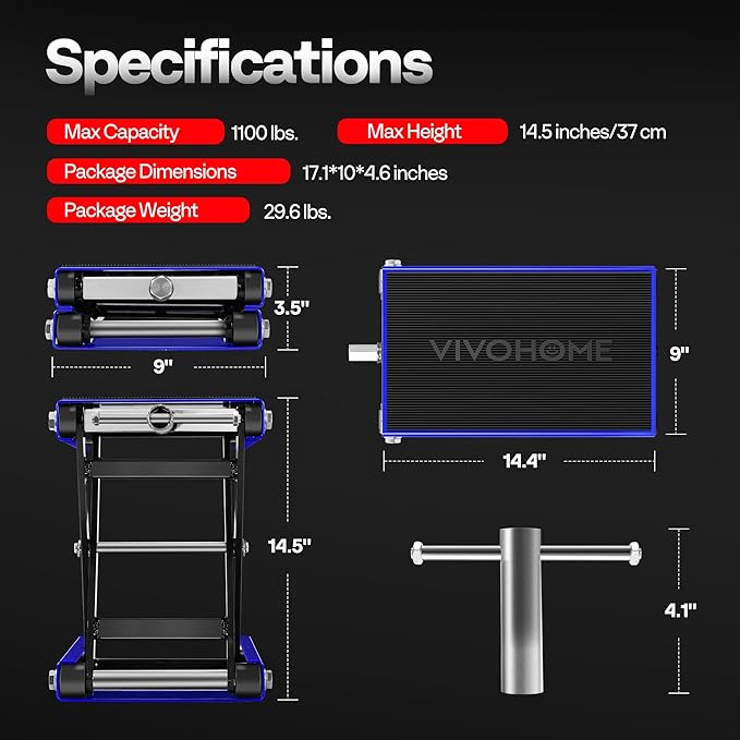 VIVOHOME 1100 LBS Motorcycle Lift Scissor Jack, Wide Deck Hoist Stand, Height Adjustable Center Stand with Crank, Steel Lift for Cruiser, Dirt Bike, ATV - Blue