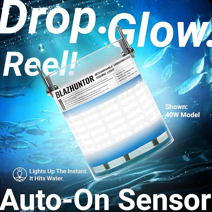 Rechargeable Underwater Fishing Light,Auto On in Water,Multi-Color Options, Up to 16000lm, IP68 Waterproof,No External Power,Cordless,Night Boat Dock Ice Fishing