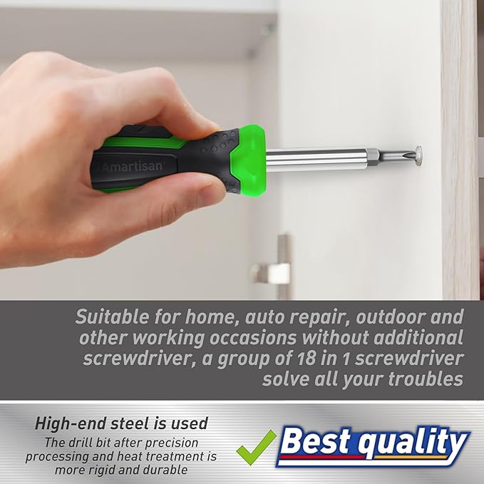 Amartisan 18-in-1 Multi-bit Screwdriver Set Tool All in One, Portable Multi-Purpose Screwdriver, Slotted/Philips/Pozi/Torx/Square,Nut Driver (Green)