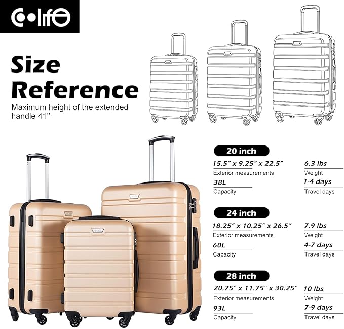 Coolife Luggage 3 Piece Set Suitcase Spinner Hardshell Lightweight TSA Lock (champagne,20/24/28)