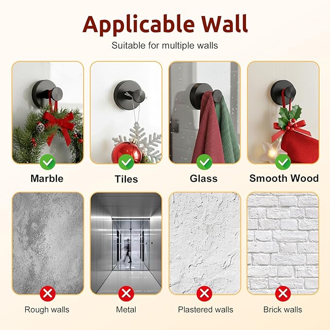 4 Packs Suction Cup Hooks for Shower, Heavy-Duty Wreath Hangers for Front Door, No Drill Glass Door Shower Suction Hooks No Damage for Walls Bathroom Kitchen Window Mirror Tile Towel Coat Robe Loofah