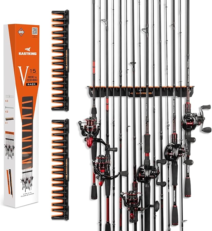 KastKing V15 垂直釣り竿ホルダー – 壁掛け式釣り竿ラック、15本の竿または釣り竿コンボを17.25インチに収納可能、優れた釣り竿ホルダーおよびラック
