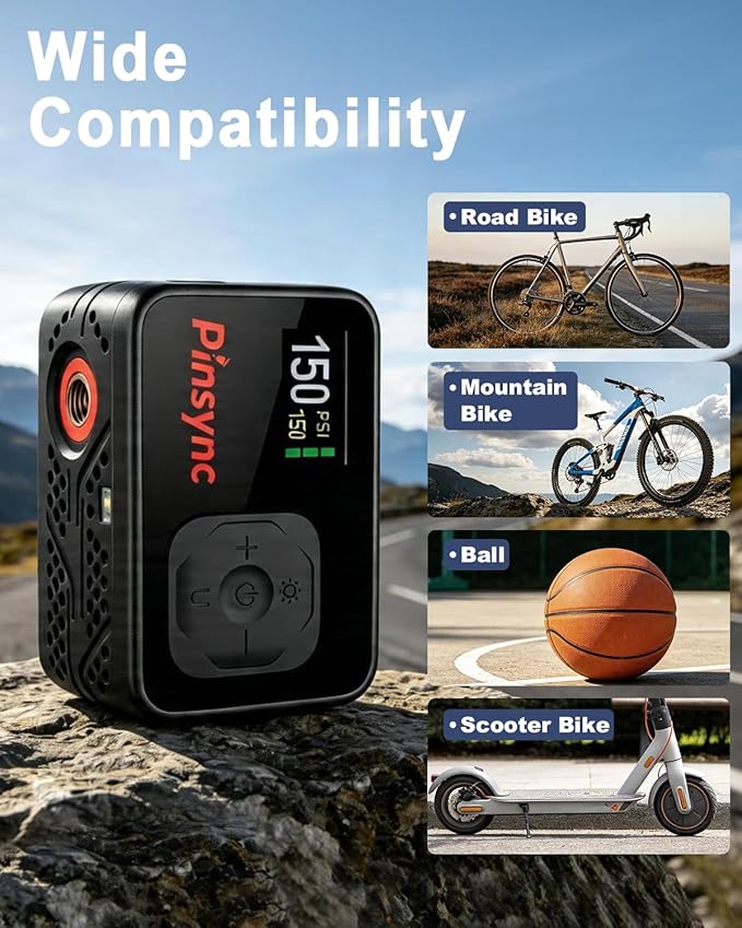 Mini Electric Bike Pump, 17S Fast Inflate 150PSI Portable Tire Pump with Digital Auto Stop, Presta & Schrader Valve Compatible for Road Bike, MTB, E-Bike