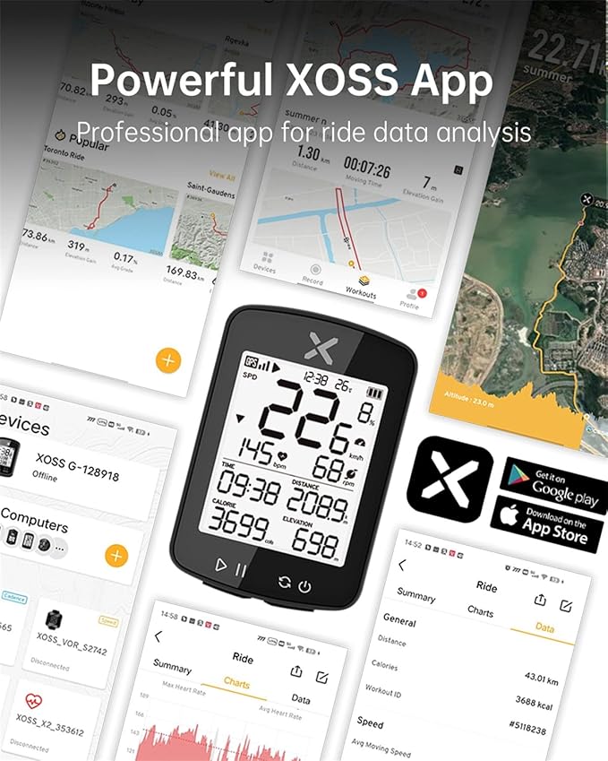 XOSS G+ Gen2 GPS Bike Computer ANT+/ Bluetooth IPX7 Waterproof Cycling Computer Rechargeable Bicycle Speedometer Odometer with 2.2 inch LCD Screen, 28 hrs Long Battery Life Fits All Bikes