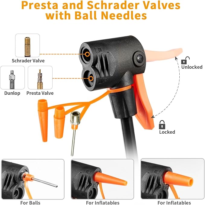 Floor Bike Pump Portable, Classic Bicycle Pump, Portable Bike Tire Pump with Dual Presta & Schrader Valves, Attached Ball Needles, Bike Air Pump for Bike Tires, Balls