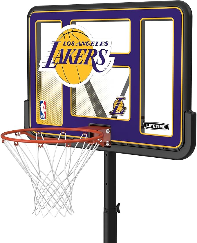 Lifetime NBA Los Angeles Lakers Portable Basketball Hoop, Adjustable Height 7.5-10 Ft, 44 Inch Shatterproof Fusion Backboard, Base with Wheels
