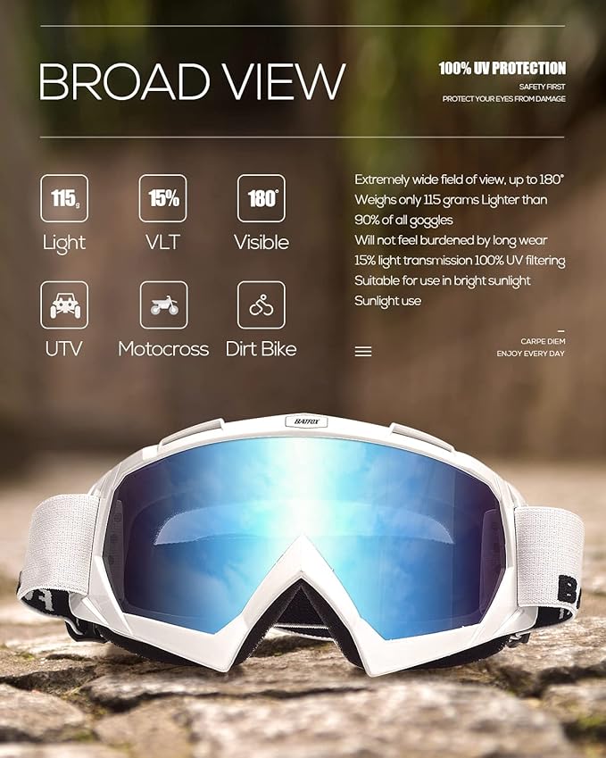 Motorcycle ATV Goggles Dirt Bike Motocross Safety ATV Tactical Riding Motorbike Glasses Goggles for Men Women Youth Fit Over Glasses UV400 Protection Shatterproof (blue/white black)