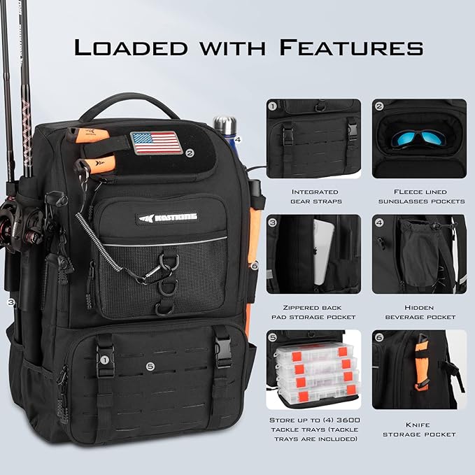 KastKing KarryAll Fishing Tackle Backpack with Rod Holder 4 Tackle Boxes,40/26L Tackle Bag Storage Fishing Gear and Equipment