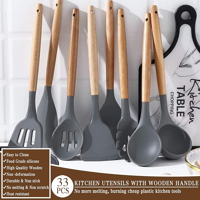 Umite Chef キッチン調理器具33点セット、ノンスティックシリコンヘラセット、ホルダー付き、木製ハンドル、耐熱調理器具（グレー）