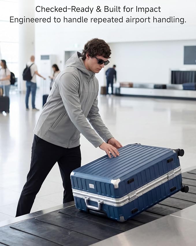 LUGGEX Checked Suitcase with Spinner Wheels, 8010S Aluminum Frame Zipperless Polycarbonate Hard Shell Suitcase (ZX-Core, Blue, 28 Inch)