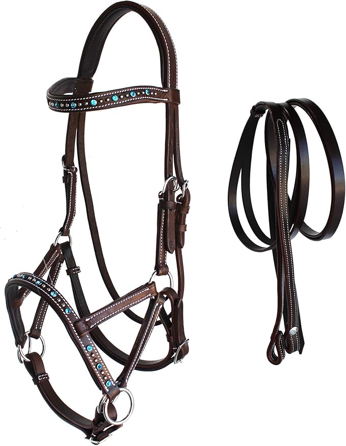 CHALLENGER Horse Western Leather Tack Bitless Sidepull Bridle Reins Brown Turquoise 77RS07TR