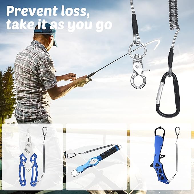 Woanger 6 Pack Fishing Lanyard Steel Wire Coiled Lanyard Tool Lanyards for Hand Tools Kayak Retractable Tool Leash Fishing Rod Safety Lanyards Gear with Alloy Clips for Pliers Boating