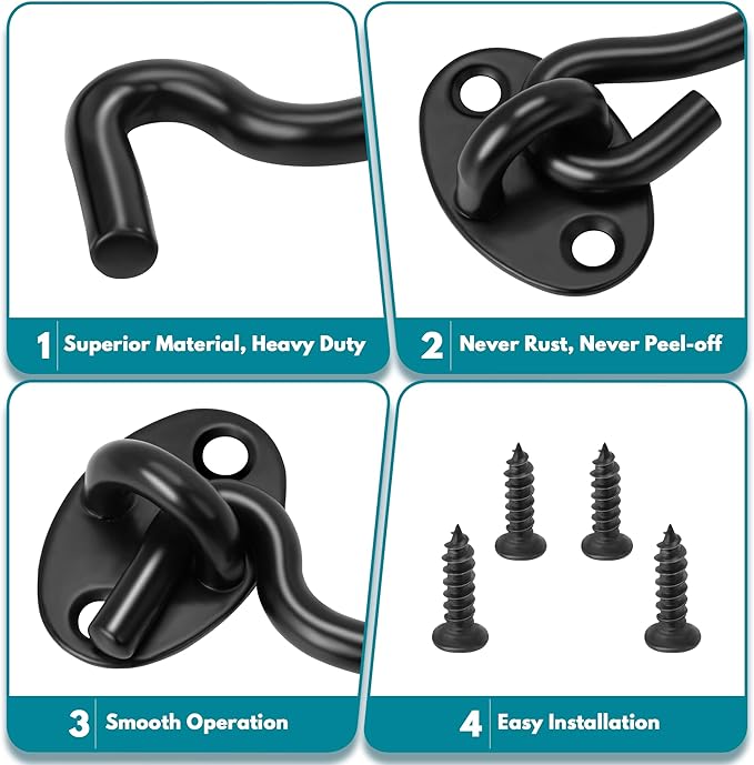Rainspire (2 Pack) Privacy Hook and Eye Latch for Barn Door, Stainless Steel Gate Latch Barn Door Lock Cabin Hooks for Gate Shutters Window Slide Barn Shed Cabinet Bathroom (Black, 6 Inch)