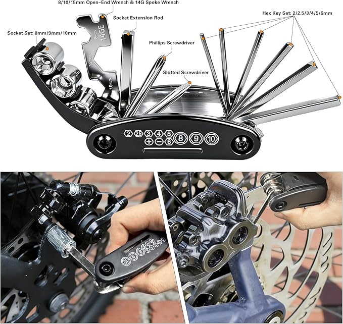 16-in-1 Bike Multi Tool Kit, Compact Portable Bicycle Repair Kit with Hex Keys, Screwdrivers, Socket Wrench & Tire Levers, for Emergency Fixes On The Go, MTB, Road Bike Maintenance