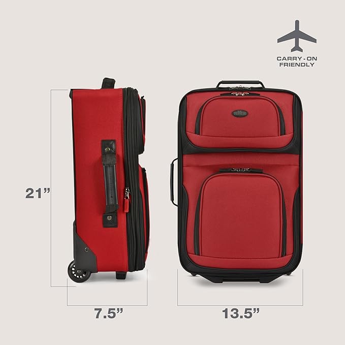 U.S. Traveler リオ 軽量ソフトサイド ローリングキャリーオンスーツケース、2輪シングル、レッド
