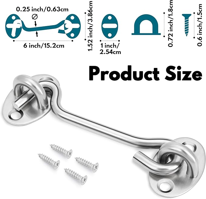 Rainspire (2 Pack) 6 Inch Privacy Hook and Eye Latch for Barn Door, Stainless Steel Gate Latch Barn Door Lock Cabin Hooks for Gate Shutters Window Slide Barn Shed Cabinet Bathroom, Silver